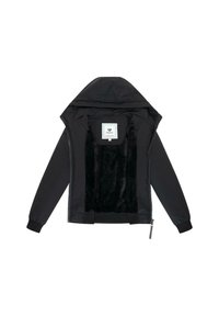 Veste noire à capuche avec doublure en microfibre. Fermeture éclair, poignets et ourlet côtelés. Intérieur avec texture douce et moelleuse. Design simple.