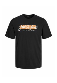 Juodas medvilninis marškinėliai su baltu ir oranžiniu grafinio spausdinimo dizainu, kuriame rašoma "Jack & Jones" ir "ATEITYS ARBA TAVO ATEITYS". Klasikinis apvalus kaklas.