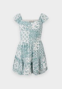 Witte korte zomerkleed met teal bloemen- en geometrische patchworkpatronen, kapmouwen, vierkante halslijn en uitlopende rok.