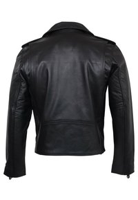 Černá kožená bunda s přiléhavým střihem, výstřihem s výřezem a zipy na rukávech. Má viditelné švy a hladkou texturu.