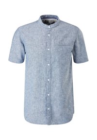 Chemise à manches courtes en chambray bleu clair avec col Mao, fermeture à boutons sur le devant et une poche poitrine unique.