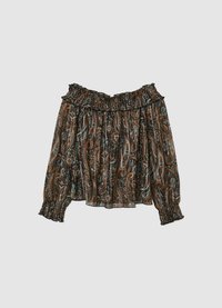 Blouse noire et marron à épaules dénudées avec encolure et poignets élastiqués, présentant un imprimé cachemire dans des tons bleus et marron.