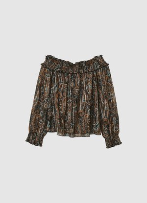 Schwarze und braune schulterfreie Bluse mit elastischem Ausschnitt und Bündchen, mit einem Paisley-Muster in Blau- und Brauntönen.
