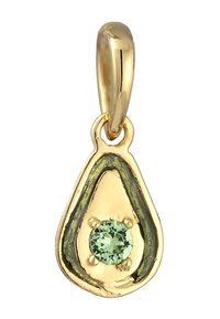 Pendentif en forme de goutte d'or avec une pierre précieuse verte au centre, sur un accent vert foncé, avec une finition lisse et polie.