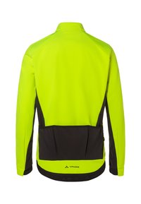 Giacca da ciclismo a maniche lunghe ad alta visibilità gialla e nera con tre tasche posteriori e logo Vaude sulla parte bassa della schiena.