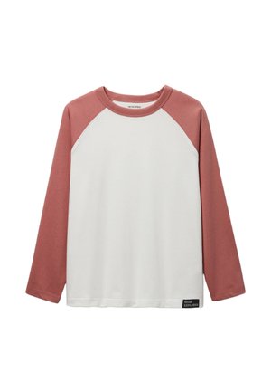T-shirt raglan à manches longues avec manches et col rose poussiéreux, corps blanc, et une petite étiquette noire "Neon Explorer" près de l'ourlet.