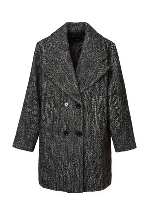 Cappotto a motivo a rombi in bianco e nero con ampio rever, design doppiopetto e due bottoni neri. Presenta una vestibilità morbida.
