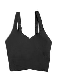 Sujetador deportivo negro hecho de un tejido suave y elástico. Presenta un diseño envolvente con tirantes ajustables y una banda ancha para mayor soporte.