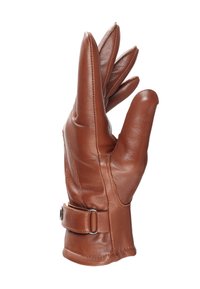 Rudos odinės pirštinės, tiksliai priglundančios, su dirželiu ir sagtimi, trijų pirštų sekcijos, siaurėjantys viršuje, ir lygi tekstūra.