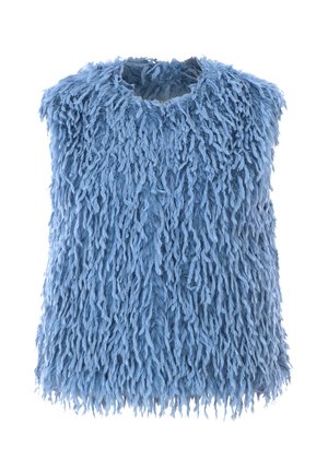 Blå ærmeløs vest lavet af fluffy, tekstureret materiale, med en høj halsudskæring og frynser på overfladen.