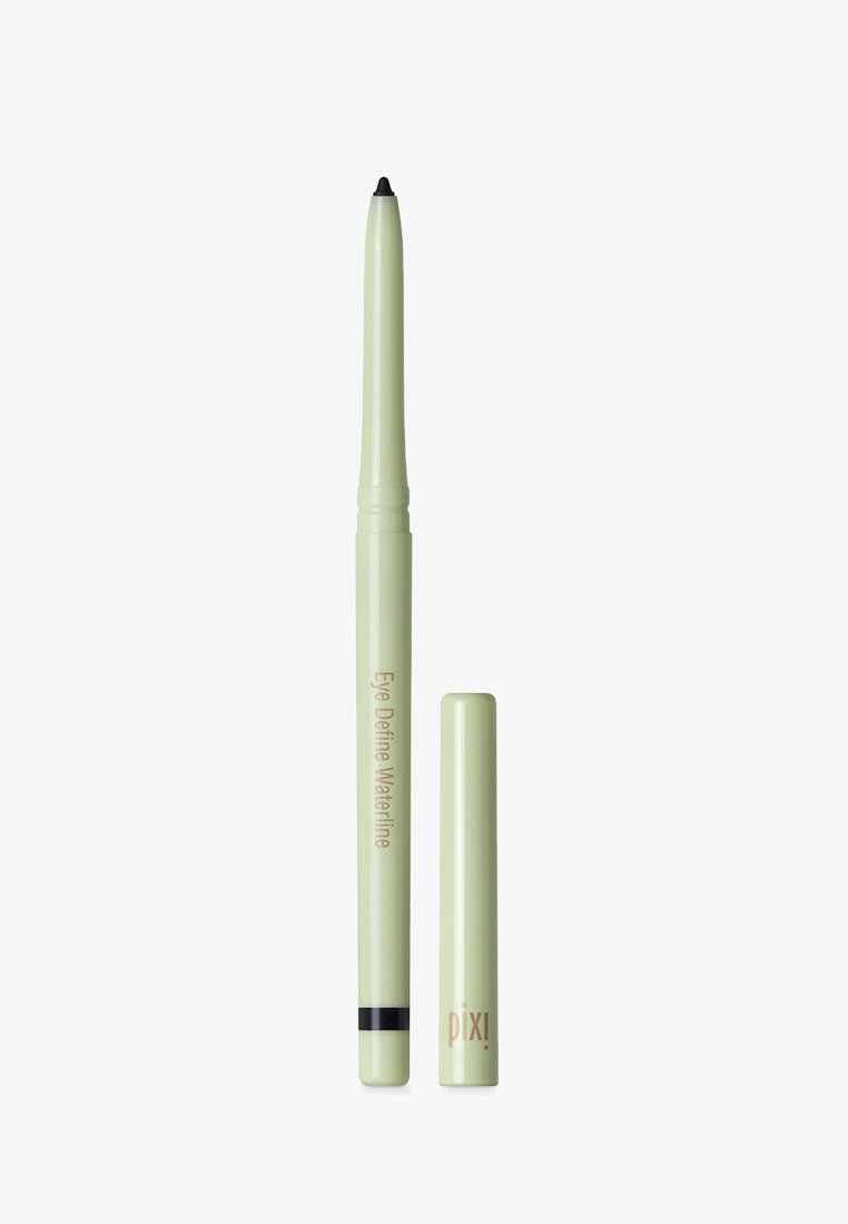 Matita occhi cilindrica verde con punta affilata e cappuccio removibile. Corpo testurizzato con la scritta "Eye Define Waterline" e il marchio "pixi" in oro.