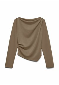 Langermet topp i en dempet brunfarge, med en drapert design og myk stoffstruktur samt asymmetrisk kant. Minimalistisk stil.
