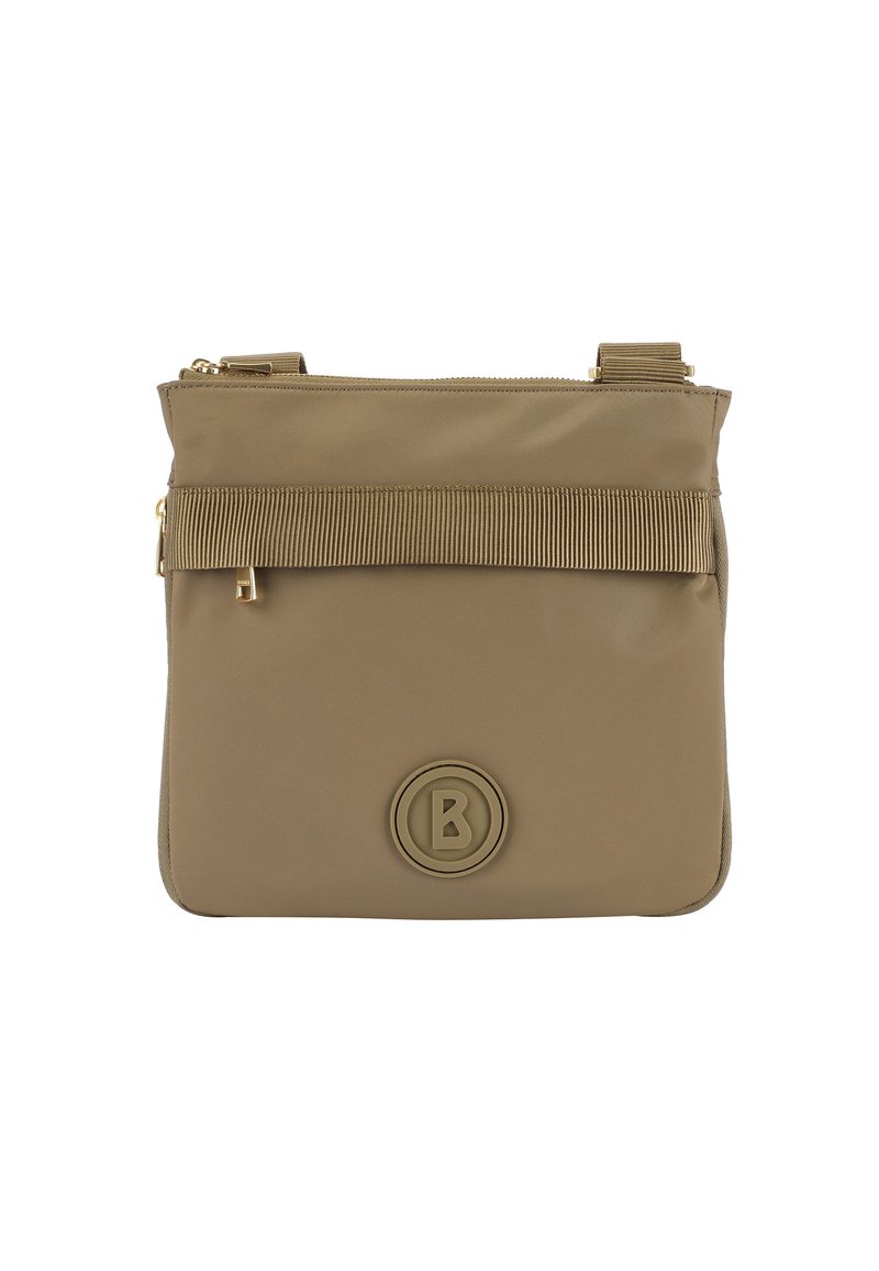 Borsa a tracolla khaki con design sportivo, caratterizzata da un accento in nastro texturizzato, chiusura a zip e logo circolare sul fronte.