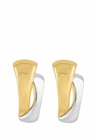 Due orecchini dalla forma astratta in toni oro e argento, con una finitura liscia, forme curve e una texture lucida.