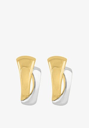 Two abstract-shaped earrings in gold and silver tones, featuring a smooth finish with curved forms and a polished texture.