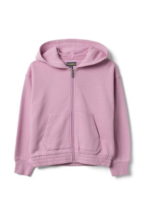 Hellvioletter Hoodie mit Reißverschluss, Fronttaschen, elastischem Bund, gerippten Bündchen und Kapuze, mit dem Label Essentials.