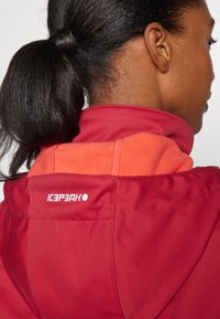 Veste rouge avec un col haut, doublure en polaire orange et logo blanc "ICEPEAK" au dos. Texture lisse, matériau léger.