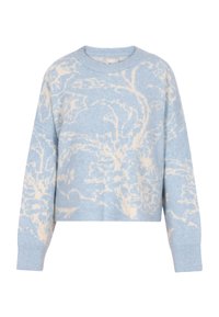 Pulover bleu deschis cu un model abstract crem, decolteu rotund și mâneci lungi. Fabricat dintr-un material moale, cu manșete și tiv cu dantelă.
