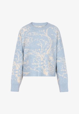 Lyseblåt sweater med et cremet abstrakt mønster, rund halsudskæring og lange ærmer. Lavet af blødt stof med ribbede manchetter og kant.