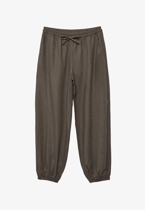 Brown loose-fit pants with elastic waistband and cuffs, featuring a drawstring and side pockets.