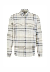 Plaid shirt with long sleeves, white base, light blue, brown, and dark blue stripes. Two chest pockets, button-up front, textured fabric.