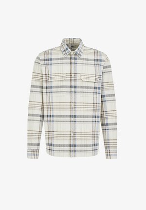 Karirana srajca z dolgimi rokavi, bela osnova, svetlo modre, rjave in temno modre črte. Dva žepa na prsih, zapenje na gumbe, teksturirana tkanina.