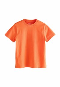 T-shirt à manches courtes en coton orange vif, avec un col rond et une coupe droite. Aucune motif ni ornement présent.