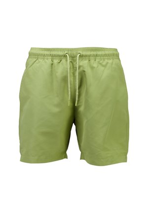 Jasnozielone męskie spodenki kąpielowe z elastycznym paskiem w talii i przednim sznurkiem do regulacji, sięgające do kolan, z bocznymi kieszeniami.