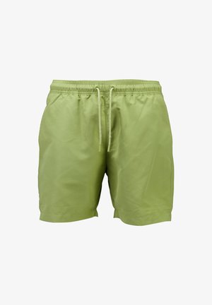 Lichtgroene zwembroek voor heren met elastische tailleband en een koord aan de voorkant, kniehoog met zijzakken.