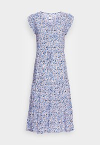 Blaues Blumenkleid in Midilänge mit kurzen, gerafften Ärmeln, das einen taillierten Oberteil, einen lockeren, gestuften Rock und ein zartes Blumenmuster in Orange und Weiß aufweist.