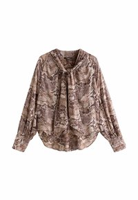 Pruun ja beež blouse, millel on käärimeest mustriga, sidumisvärav, pikad varrukad ja kokku kogutud mansetid. Pehme kangas ja lõtv sobivus.