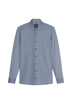 Camicia da uomo elegante blu a maniche lunghe con tessitura fine, fronte con bottoni, colletto classico e polsini con bottoni, mostrata su sfondo bianco.