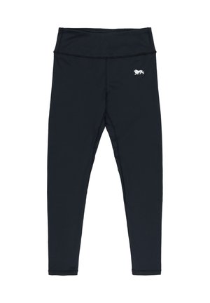 Musta korkeavyötäröinen urheiluleggings, jossa vasemmassa lonkassa pieni valkoinen leijonalogo, suunniteltu aktiiviseen pukeutumiseen ja mukavuuteen.