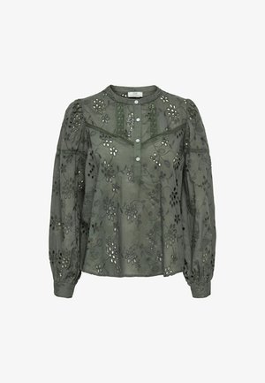 Blusa verde oliva con motivi floreali ricamati, scollatura rotonda, chiusura con bottoni e maniche a sbuffo lunghe con polsini elastici.