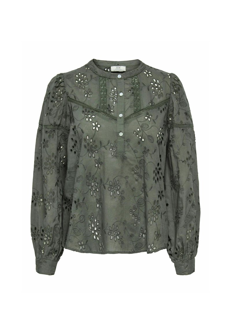 Blusa verde oliva con motivi floreali ricamati, scollatura rotonda, chiusura con bottoni e maniche a sbuffo lunghe con polsini elastici.