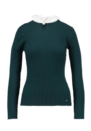 Morski prążkowany top z długim rękawem, białym, falbankowym kołnierzem, dopasowaną sylwetką i subtelnym akcentem logo w pobliżu dołu.