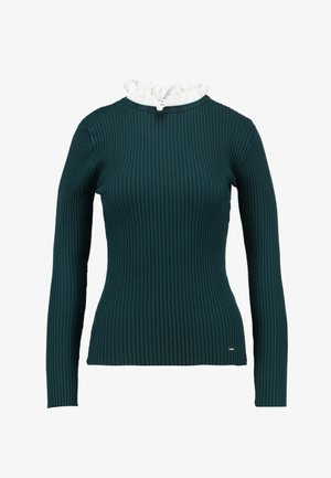 Morski prążkowany top z długim rękawem, białym, falbankowym kołnierzem, dopasowaną sylwetką i subtelnym akcentem logo w pobliżu dołu.