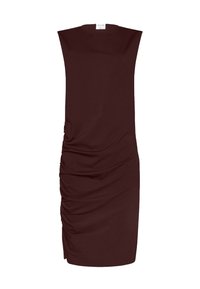 Ärmelloses, dunkelbraunes, knielanges Kleid mit gerafftem Raffung auf einer Seite und rundem Ausschnitt.