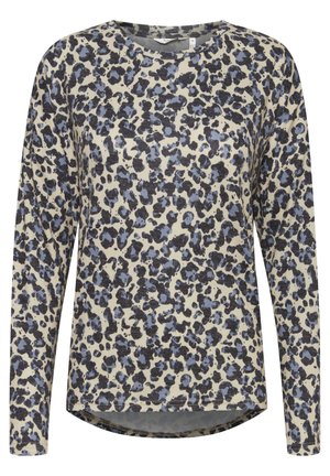 Pitkähihainen paita beigeväriä, jossa on sinimustan leopardikuosiset. Pyöreä pääntie ja hieman kaareva helma. Pehmeä kangas.