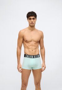 Mintgrüne Boxer-Briefs mit einem schwarzen Taillenbund, der den weißen Schriftzug "CALVIN KLEIN" zeigt. Das Material wirkt weich und hat ein eng anliegendes Design.