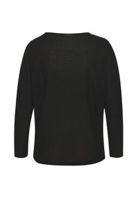 Schwarzer, langärmeliger Pullover mit lockerer Passform, breitem Ausschnitt und strukturiertem Strickmuster. Keine sichtbaren Beschläge oder Akzente.