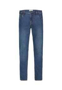 Denim jeans in mediumblauw met een recht model, vijf zakken en contrasterende stiksels. Voorzien van een ritssluiting en knoopsluiting.
