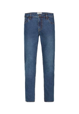 Denim jeans i medium blå med lige ben design, fem lommer og kontrasterende syninger. Har lynlås og knaplukning.