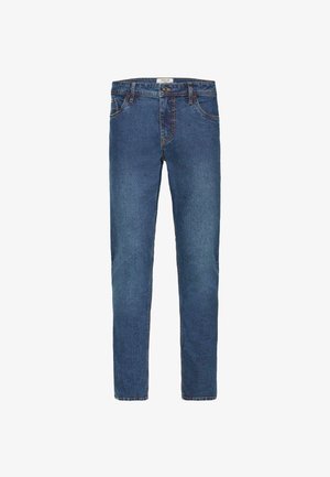 Denim jeans i medium blå med lige ben design, fem lommer og kontrasterende syninger. Har lynlås og knaplukning.