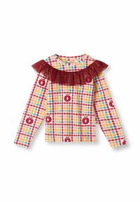 Langemouwige top in een meerkleurig geruit patroon met een kastanjebruine rimpelnek en appelmotieven die in het ontwerp zijn geïntegreerd.