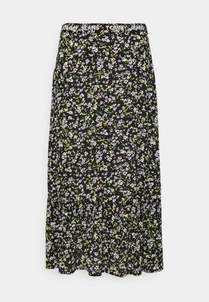 Sort midi-nederdel med små hvide og pink blomster, grønne blade, flæsekant og et bånd med teksten "Tommy Jeans."