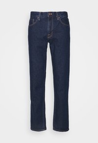 Tmavě modré džíny rovného střihu s pěti kapsami a oranžovým prošíváním, zapínání na knoflíky a zip v oblasti pasu.