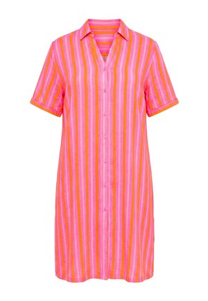 Vestito camicia a maniche corte con colletto, a righe verticali rosa e arancioni, chiusura frontale con bottoni e vestibilità comoda.