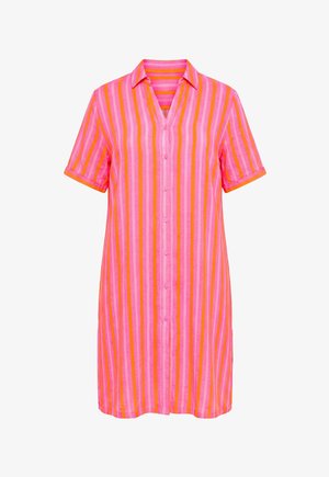 Vestito camicia a maniche corte con colletto, a righe verticali rosa e arancioni, chiusura frontale con bottoni e vestibilità comoda.