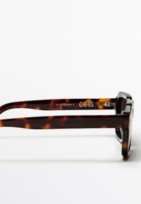 Lunettes de soleil écaille dotées de montures épaisses en plastique, avec une finition lisse et des éléments en argent sur les branches. Marquées "P CATÉGORIE 3."